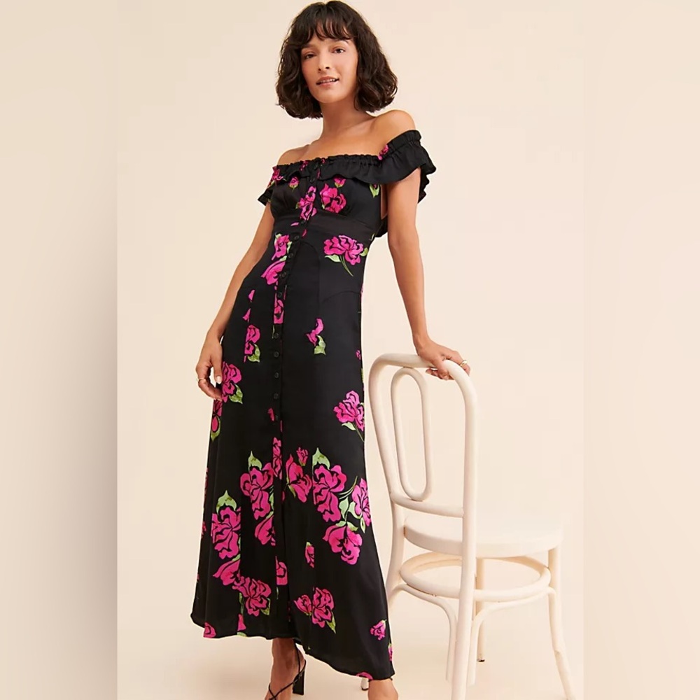 Free People Black and Pink Floral Midi Dress - Picture 2 of 13